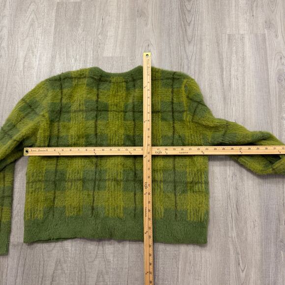 Unif Plaid Fuzzy Cardigan Sweater Women's Large Green Plaid Check Kurt Cobain - Picture 7 of 7